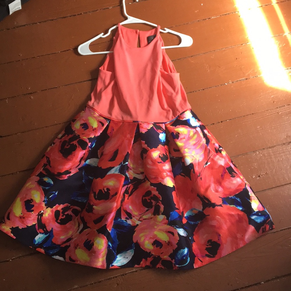 Floral patterned dress: brand is “Adrianna Papell”